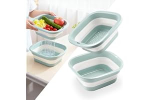 Collapsible Dish Basin and Colander Set, Double-Layer Camping Sink with Drain Holes, Portable Handles, Thickened Plastic Wash Basin for Kitchen, Camping, RV, Travel, 2.8 Gal (10.5L) Green