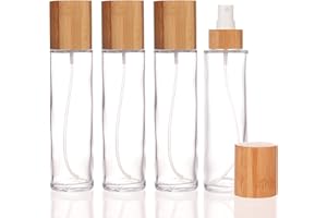COSIDEA 4 botellas vacías de vidrio transparente con tapa de bambú de 120 ml con cabezal de despenser de niebla fina para recipientes de perfumes líquidos, botellas de tóner