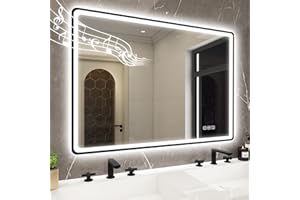 STARLEAD Bathroom Mirror with Dimmable LED Lighting, 3 Light Colours, Memory Function, Defogging Function, Bluetooth, Tempered Glass, IP44, Horizontal/Vertical Hanging, 100 x 70 cm, Black