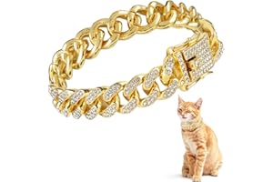 Amabro Diamond Cat Chain Collar, Metal Cuban Link Dog Collar with Secure Buckle 12mm Wide Cat Pet Necklace Chain Pet Collar Jewelry Accessories for Small Medium Dogs Cats Puppy Kittens 8inch(Gold)
