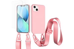 vrupin kompatibel mit iPhone 14 Handykette Hülle,[2 Stück Schutzfolie 9H Härte Gehärtete Folie].Necklace Hülle Nylon Schultergurt Weich Flüssiges Silikon-dunkel pink