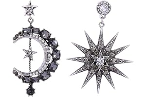 HMOOY Boucles d'oreilles pendantes bohèmes en forme de lune et d'étoile asymétriques en cristal lune et soleil goutte - Longues boucles d'oreilles rétro exquises style punk accessoires bijoux pour