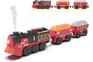 LIBOON Toy Train Electric Train Set for Wooden Tracks, Christmas Motorized Trains Toys for Toddlers, Battery Operated Trains Includes Lights, Sounds, Smoke, Steam Train Compatible with Thomas, Brio