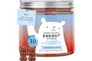 ‎BEARS WITH BENEFITS Wake Up Call Energy Vitamin – Natürliche Energie-Unterstützung mit 30 mg Guarana, Vitamin B6, B12 & Biotin – 30 Gummies (1-Monat-Vorrat) – Zuckerfrei, Vegan – Bears with Benefits