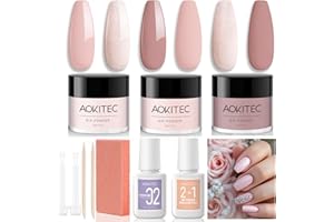 Aokitec 10 PCS Dip Powder Nail Kit - 3 Colours Light Nude Pink Nail Dipping Powder Kit Starter Kit with Dip 2-in-1 Dip Base & Top Coat Activator Nail Tools Dip Nail Starter Set for French Nails Art