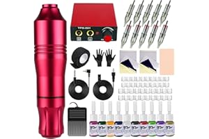 Blackbudda macchinetta tatuaggi, pistola rotativa per tatuaggi, con alimentatore, pedale e pigmento, 10 aghi per cartuccia, kit per pratica di trucco per tatuatori (rosso)