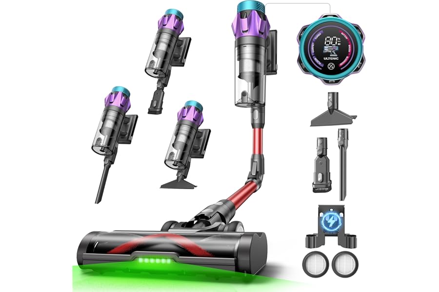 Ultenic 55Kpa/80Min U18 Wireless Vacuum Cleaner, Powerful Wireless Electric Broom with Folding Tube, Multi-Cone Filtration, Intelligent Display, Anti-Tangle for Animal Hair/Floors/Carpets
