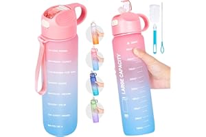QCQHDU Trinkflasche 1L, aus Polyethylen, Sport-Wasserflasche mit Strohhalm & Zeitmacher, Wasserflasche mit Flaschenbürste und Filter, auslaufsicher, Radfahren, Büro und Schule (Rosa)…