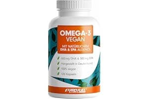 ‎PROFUEL Omega-3 vegan Kapseln 120x - 2000 mg Algenöl pro Tag - hochdosiert mit 600mg DHA + 300mg EPA - hochwertige Omega-3 Algenöl Kapseln vegan - DHA:EPA Verhältnis 2:1 - laborgeprüft mit Analyse-Zertifikat