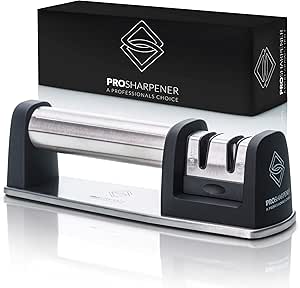 PRO Sharpener A Professionals Choice Manual Knife Sharpener 2 Stage Kitchen Accessor, Non-Slip Base, Stainless-Steel, Straight and Serrated Knives, Diamond Cut Tungsten Carbide, Fine Ceramic Rods