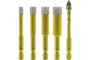 Foret Diamant Sec Set - 4 pièces 6/8/10/12mm SANLEETEK Trépan Diamant et 1 pièce 6mm Foret en Carbure avec Queue à Changement Rapide pour Marbre Granit Céramique Porcelaine Carrelage Grès Quartz