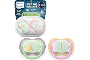 Philips Avent Sucettes de nuit ultra air - Tétines orthodontiques, pour bébés de 6 à 18 mois, phosphorescentes, en silicone souple d'origine végétale, sans BPA, lot de 2, SCF376/29