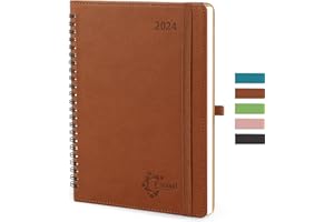 FASOOD Agenda 2024 Semainier A5, Agenda Journalier 12 Mois: Janvier 2024 à Décembre 2024, Agenda Scolaire Couverture en PU Cuir, Avec Passant pour Stylo, Brun