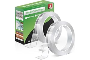 Euqvunn Double Sided Tape Heavy Duty, Removable Strong Sticky Pads Nano Adhesive Strips, Clear Multipurpose Tape for Poster/Wall Hanging/Carpet 2 Rolls (3.0 m × 2.0 cm × 1 mm)