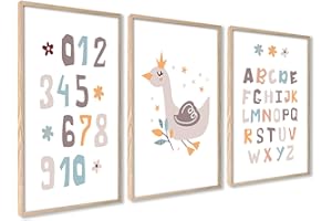 ag.art deco Quadri Cameretta Bambino con Cornice in Legno 50x70 cm | Accessori Cameretta Bambina o Cameretta Neonato | Quadri per Camera Bambini | Set di 3 Poster Bambini (ABC)