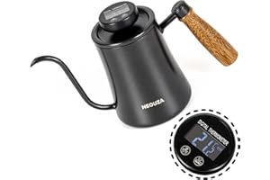 NEOUZA Pour Over Coffee - Hervidor de cuello de ganso, 600 ml, con termómetro de alta precisión, acero inoxidable 304, mango ergonómico de madera, opciones de calefacción versátiles, fácil de limpiar