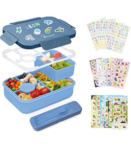 Bugucat Boîte à Déjeuner Pour Enfant Avec Compartiments De 1300 Ml, Anti-fuite Avec 4 Compartiments, Pour Enfants Et Adultes, Boîte à Lunch Pour Garçons Et Filles, Bleue