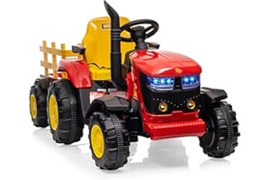 PORTOALEGRE Trattore Elettrico per Bambini Batteria 12V con Telecomando, Trattore con Rimorchio Cavalcabile Doppio Motore da 35W, Musica Bluetooth/USB, Cambio a 3 Marce, Luci a 7 LED (Rosso)