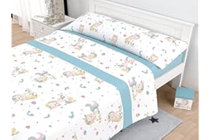 LINIVA HOME Juego de Sábanas Infantiles Unicornios y Mariposas, Algodón/Poliéster (Aqua, 90 cm)