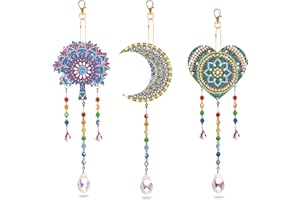 MWOOT 3 Pezzi Acchiappa-Sole in Cristallo, Pittura Diamante Campane a Vento, 5D DIY Diamond Art Painting Wind Chimes Ciondolo Ornamento pour Giardino Décoration (Luna+Cuore+Mandala)