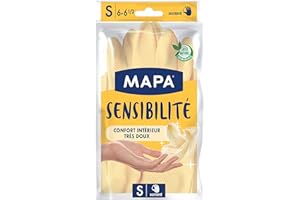 SPONTEX MAPA - Sensibilité - Gants de Ménage en Latex Intérieur Coton et Soie - Grand Confort d'utilisation et Extra Doux - Taille S - Lot de 3 paires