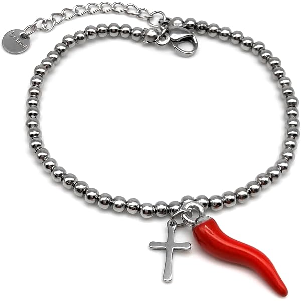 Bracciale Portafortuna Uomo/Donna Con Ciondolo Corno E Quadrifoglio &ndash; Acciaio Inox