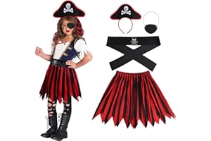 Aomig Disfraz Pirata Niños, Set de 3Pcs Disfraces Piratas con Vestido, Sombrero y Parche en el Ojo, Conjunto de Niña Bucanero Vestid, Disfraz Halloween Niñas para Cosplay Carnaval Fiesta
