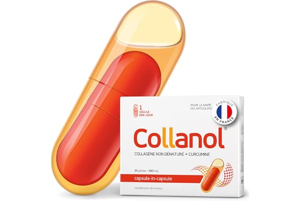Collanol – innovation dans le soin des articulations saines. Formule liquide dans une double capsule. Collagène 3D + extrait micellaire de racines de curcuma. 1 capsule/jour. (20 Prises)