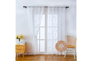 LIVETTY Original Net Curtains 102 Inch Drop 2 Panels Windows White Eyelet Sheer Curtains Transparent Linen Style Voile Curtain 3D Floral Classic Embroidery for Bedroom, Living Room, Kitchen