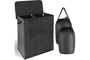 NUCAZA 145L Double Laundry Basket with Lid & Removable Laundry Bags – 2 Compartments for Sorting, Washing Basket for Laundry, Foldable Laundry Hamper/Bin, Wash Basket, Large Laundry Baskets Dark Grey
