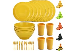 Evanda Plastic Dinnerware Set 28 Piece, Reusable Light Weight Mugs, Bowls, Dishes, Knives, Forks, Spoons for Camping Picnics and Everyday Use, Dishwasher Safe (Gold Yellow)