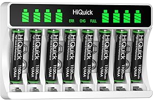 HiQuick 8-slot AA AAA LCD Battery Charger, 5V 2A Fast Charging Function, Type C and Micro USB Input, with 8 x 1100mAh AAA NI-MH Rechargeable Batteries, Battery and Charger Set