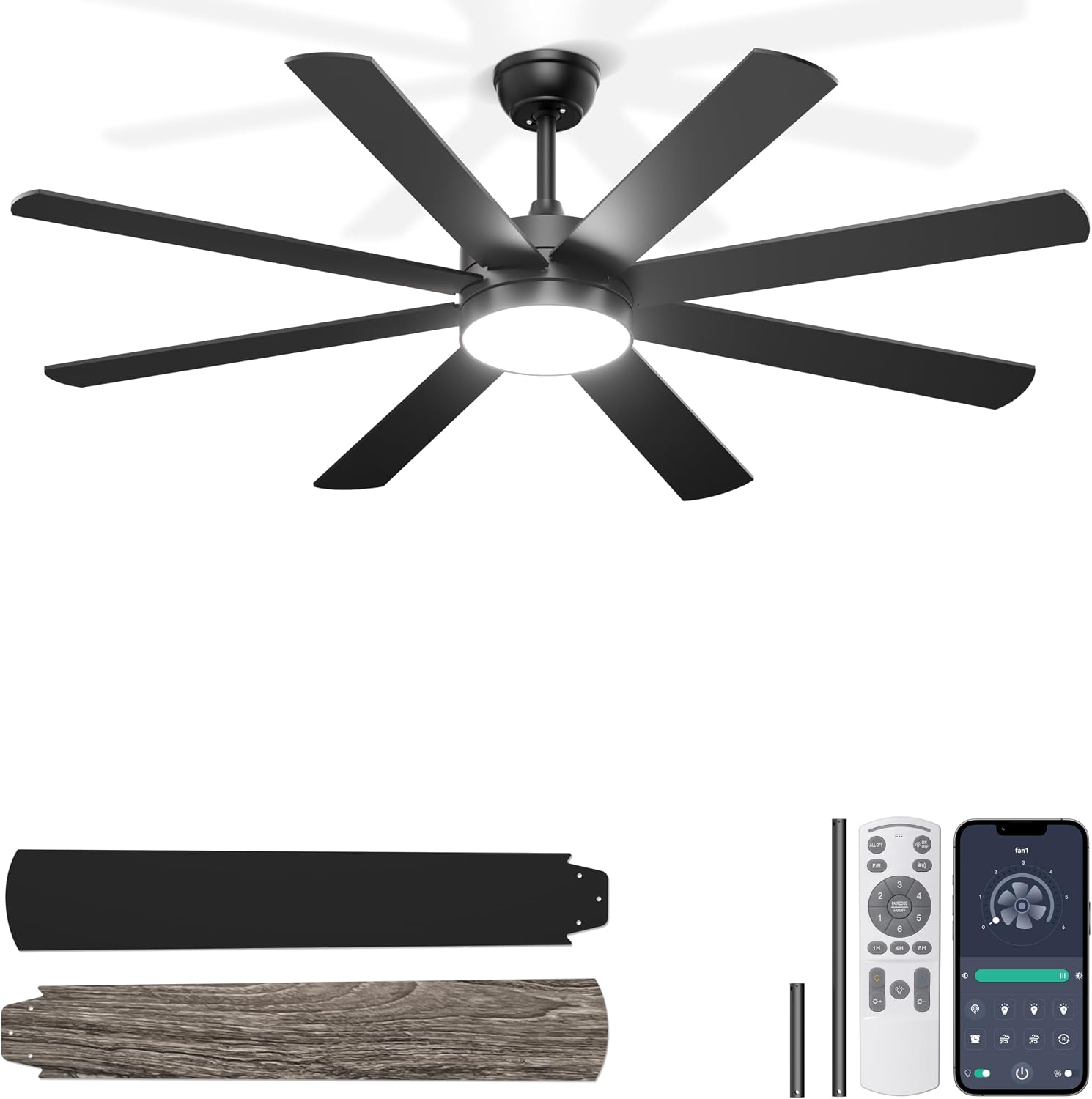 Ohniyou Ventilador de Techo de 152 cm con Luz Silencioso, Ventiladores de Techo Modernos con Control Remoto/APP, Luz Regulable, Motor DC Reversible para Sala de Estar Terraza Interior Exterior, Negro