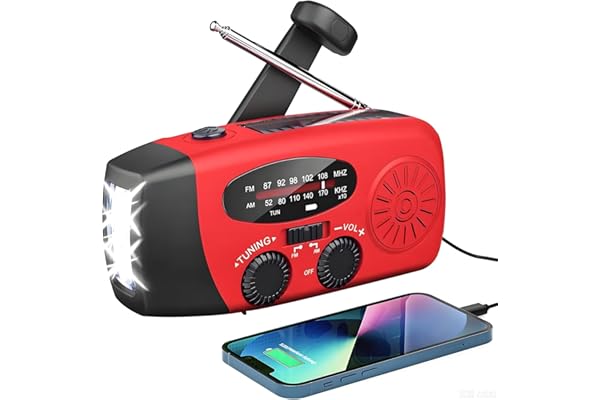 Radio Solaire d’Urgence, Radio à Manivelle Auto-alimentée avec Lampe de Poche LED, Météo AM/FM/WB avec Batterie Rechargeable 2000mAh pour Le Chargement d’Urgence du Téléphone Intelligent