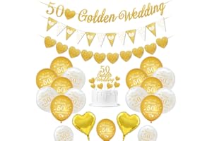 KISPATTI Golden Wedding Decorations, 50th Wedding Anniversary Decorations 50 Golden Wedding Banner Happy 50th Anniversary Balloons Gold White Balloons Heart Balloons 50 Golden Wedding Cake Topper