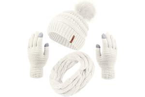 ANECO Womens Winter Warm Sets Knitted Fur Pompoms Beanie Hat Circle Loop Scarf Touch Screen Gloves Winter Favor Accessories