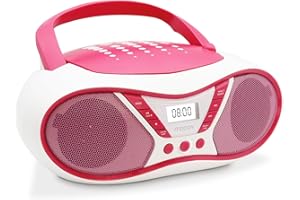 MOOOV 477410 Tragbarer CD-Player mit Radio, USB, Lautsprecher - Mini Kofferradio für Kinder & Senioren, Retro Design, MP3 - Ideal für Küche & Kinderzimmer - Netzbetrieb oder Batterien - Rosa