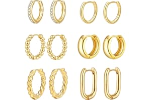 Jagosen 9ct Gold Hoops Earrings Set - 6 Pairs Hypoallergenic Chunky Huggies for Women, Lightweight Plated Statement Cartilage Stackable Jewellery