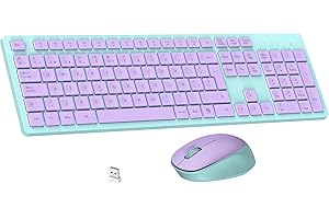 LeadsaiL Teclado y Raton Inalámbrico, Teclado y Raton Inalambrico Ergonómico, Español QWERTY, Tamaño Completo con Teclado Numérico, Receptor USB 2.4 GHz for Mac, PC, Ordenador Portátil-Violeta Verde