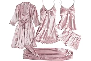 EMUKFD Womens Satin Pajama Sets V Neck Causal Long Pj Pant Set Nightwear 4 Piece Pajamas Silk Like Lace Paneled Sexy Pajamas