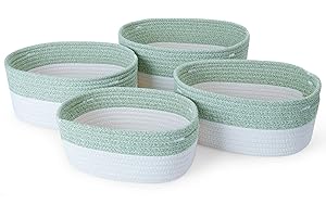 Ezvsevuo 4 Piezas Cestas Almacenaje de Cuerda de Algodón, Cesta Almacenamiento Tejidas, Cestas Organizadoras Multifuncional para Baño, Armario,Estantes, Habitación Bebe Infantil, Blanco & Verde
