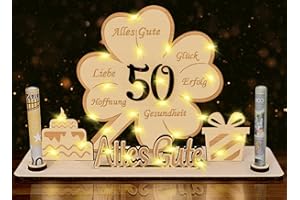 SUNWUUN 50 Geldgeschenke Geburtstag für Frau Mann,LED Kleeblatt Glück 50. Geburtstag Geschenke Frau Mann,50 Geburtstag Geldgeschenke Verpackung für Männer Frauen,Holz Gästebuch Personalisierbares Tischdeko