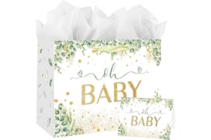 RONGZUBAT Geschenktasche groß 33 cm x 12 cm x 26 cm, luxuriöse Baby-Geschenktüte mit Grußkarte und Seidenpapier, Partytüten für Geschenke, große Geburtstagsgeschenktasche für Sie, Frauen, Männer,Babyparty