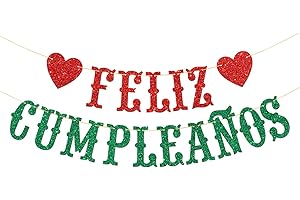 MERRSHIN Feliz Cumpleaños Banner - Boy Girl Kid Adult Spanish Happy Birthday Party Garland Supplies - Fiesta Birthday Anniversary Party Decorations - Red & Green Glitter