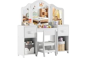 MAMIZO Kids Dressing Table and Chair Set, Children Vanity Tables with Tri-Folding Mirror, 2PCS Fabric Drawers, Wooden Children Study Desk with Stool for Bedroom Playroom, Girls Make-up Dresser, White