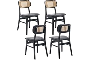 Chairus Zestaw 4 Krzeseł ze Skóry PU do Jadalni, Rattanowe Krzesła Kuchenne, Salonu z Nogami z Litego Drewna, Akcentujące Krzesła Sypialni (Czarne-4)