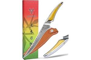 SANMUZUO Coltello per Filettare da 18CM, coltello da cucina giapponese in acciaio damasco VG-10, coltello da disosso ultra affilato con impugnatura a codolo intero in resina Giallo, serie LA-S9