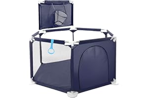 Savieva Baby Playpen - Large 6 Sides Play Pen for Babies and Toddlers with Breathable Mesh, Zipper Door, Basketball Hoop, Pull Ring, Collapsible Playpen for Baby and Toddlers