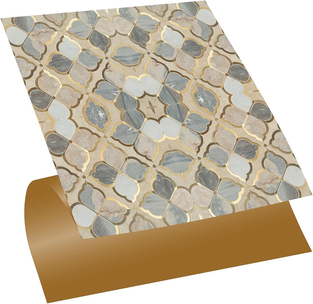 Tink Kendinden Yapışkanlı Zemin Duvar Sticker, Fayans Kaplama PVC Karo Gold Çiçek Desenli 30x30 cm (11 Adet / 1 m²)