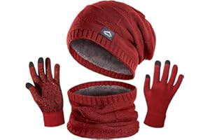 KIRAAT Wintermütze, Schal und Touchscreen-Handschuhe Set für Herren und Damen,Slouchy Strick-Skikhut und Nackenwärmer mit Fleece-Futter für Unisex